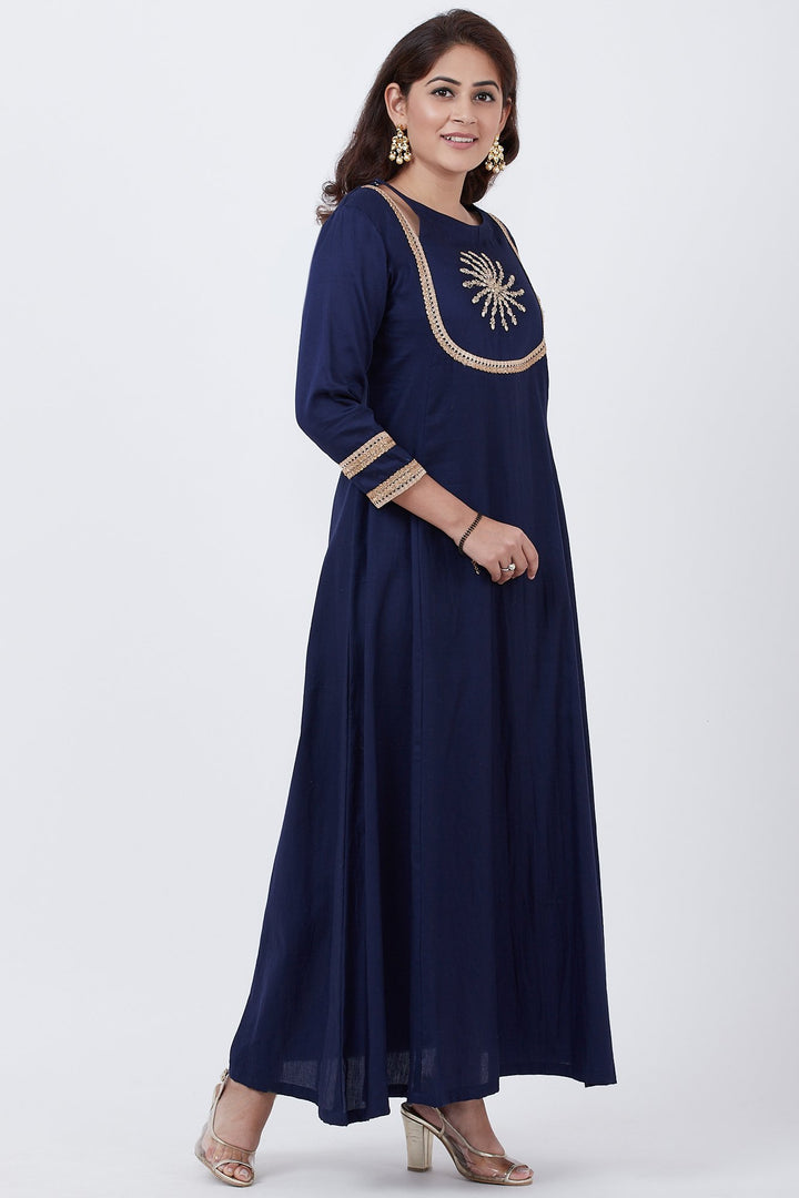 anokherang Combos Royal Blue Embroidered Yoke Floorlength