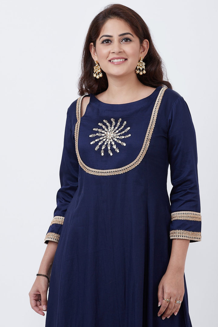 anokherang Combos Royal Blue Embroidered Yoke Floorlength