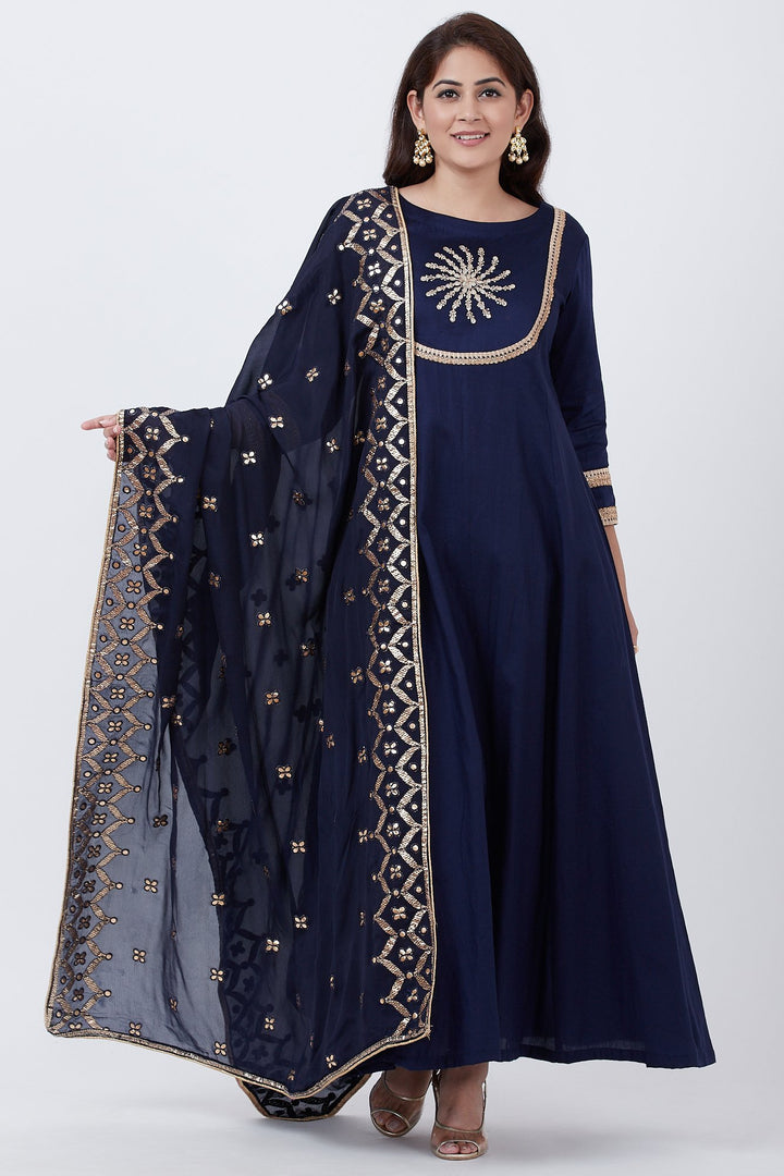 anokherang Combos Royal Blue Embroidered Yoke Floorlength with Azure Gotta Patti Dupatta