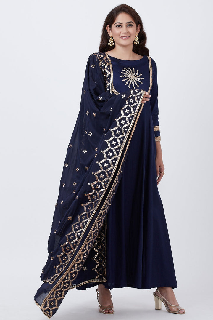 anokherang Combos Royal Blue Embroidered Yoke Floorlength with Azure Gotta Patti Dupatta