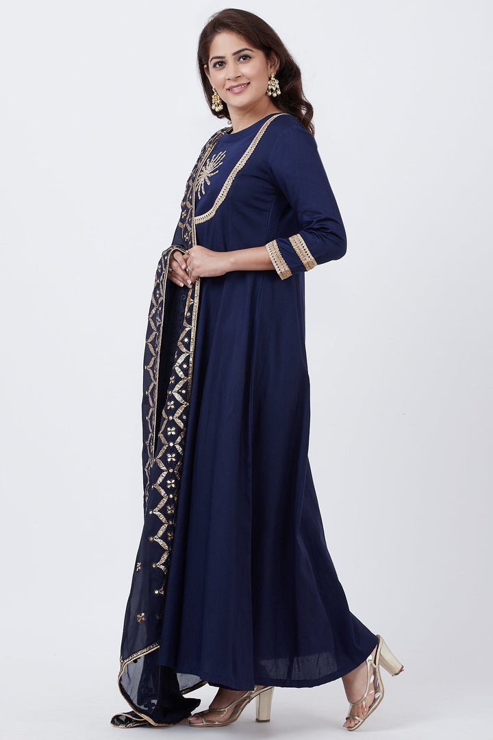 anokherang Combos Royal Blue Embroidered Yoke Floorlength with Azure Gotta Patti Dupatta