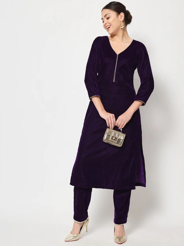 anokherang Combos Royal Purple Straight Kurti with Straight Pants