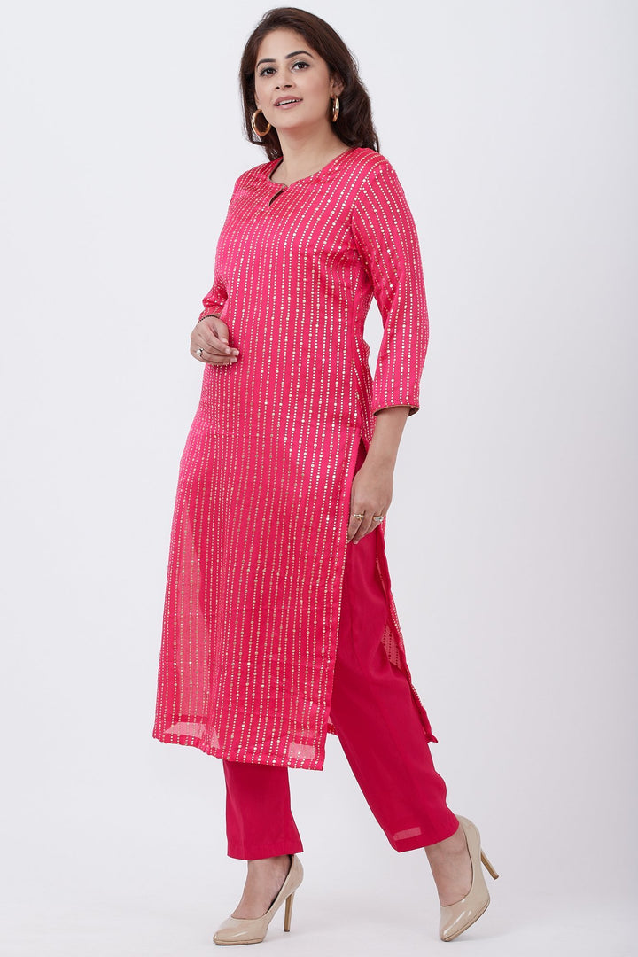 anokherang Combos Ruby Foil Printed Straight Lines Kurti with Pants