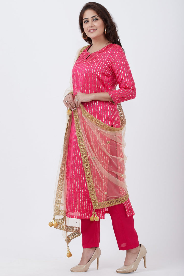 anokherang Combos Ruby Foil Printed Straight Lines Kurti with Pants and Net Mirror Stone Dupatta