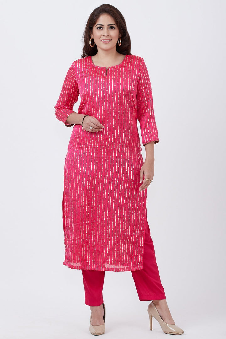 anokherang Combos Ruby Foil Printed Straight Lines Kurti with Pants and Net Mirror Stone Dupatta