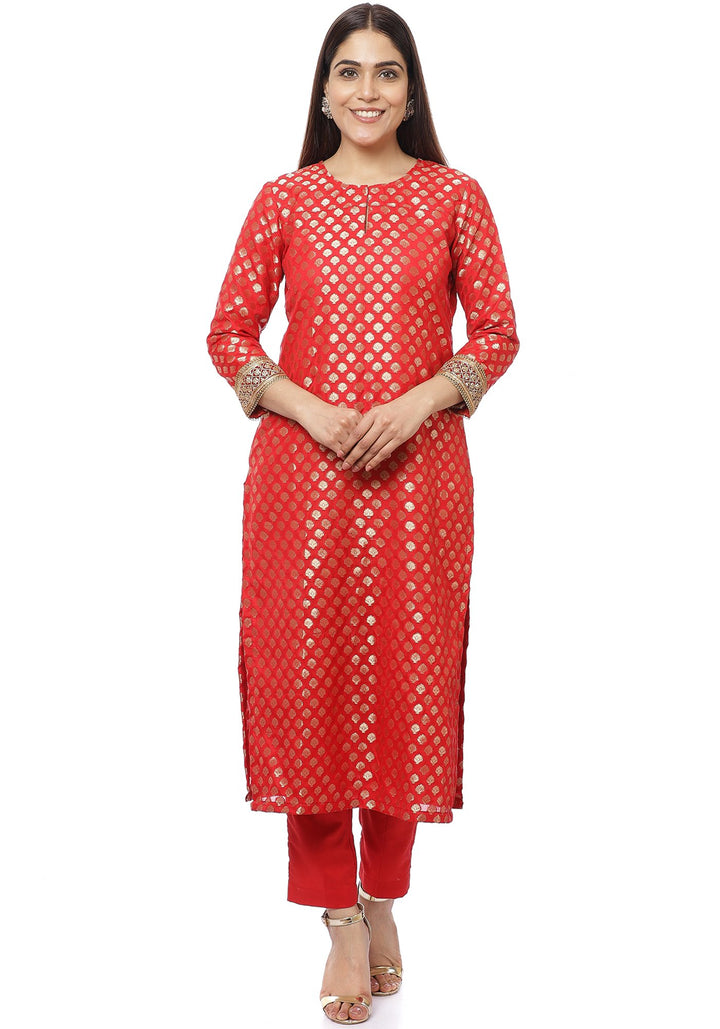 anokherang Combos Ruby Red Banarasi Kurti with Pants