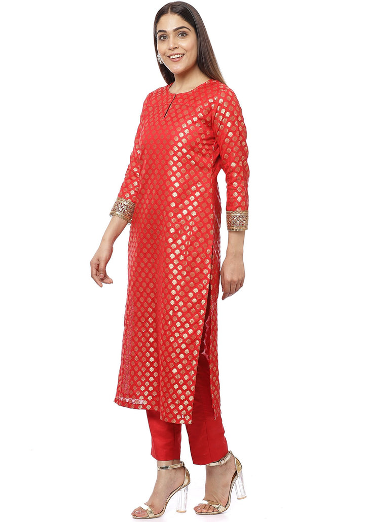 anokherang Combos Ruby Red Banarasi Kurti with Pants