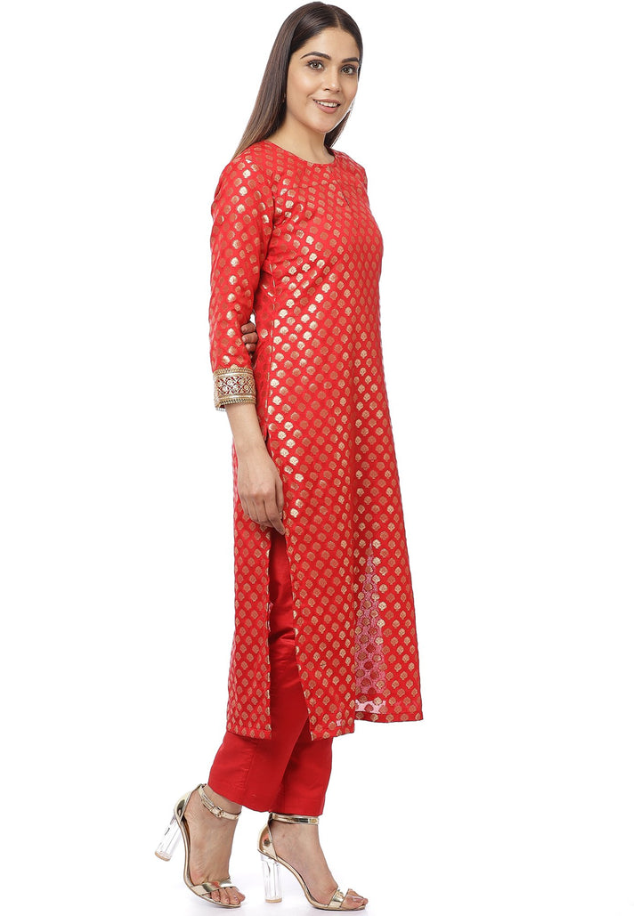 anokherang Combos Ruby Red Banarasi Kurti with Pants