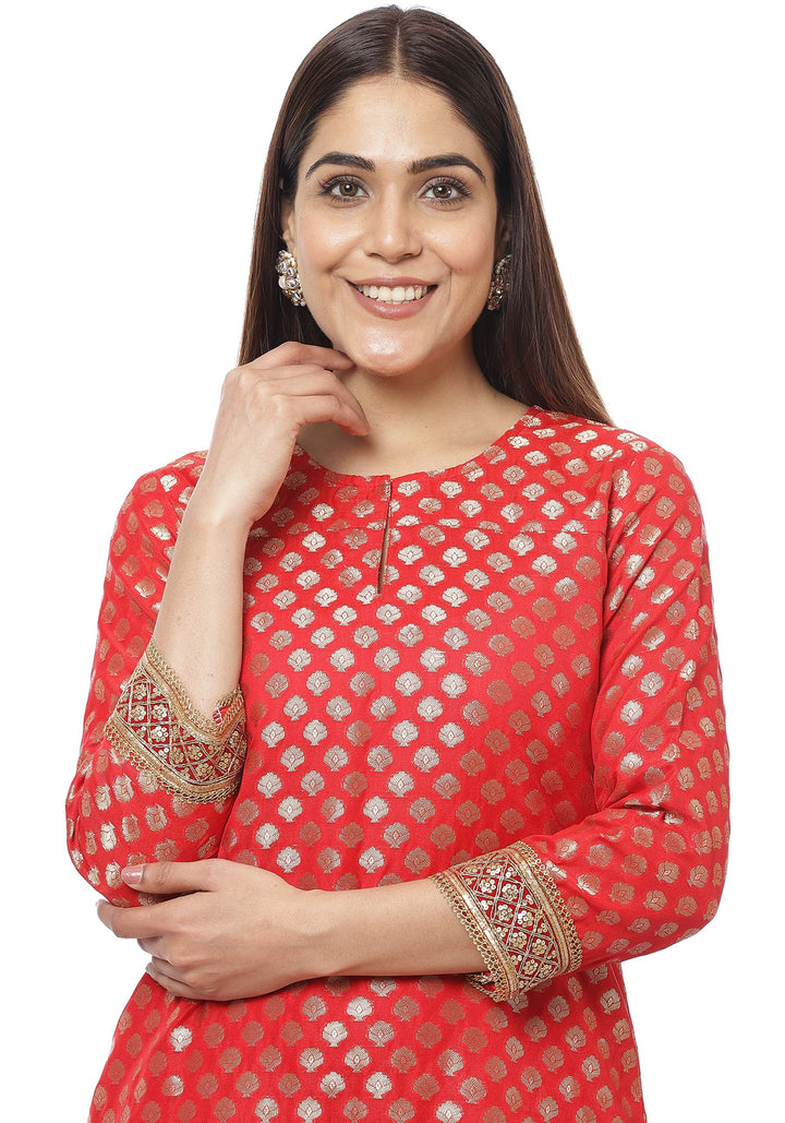 anokherang Combos Ruby Red Banarasi Kurti with Pants