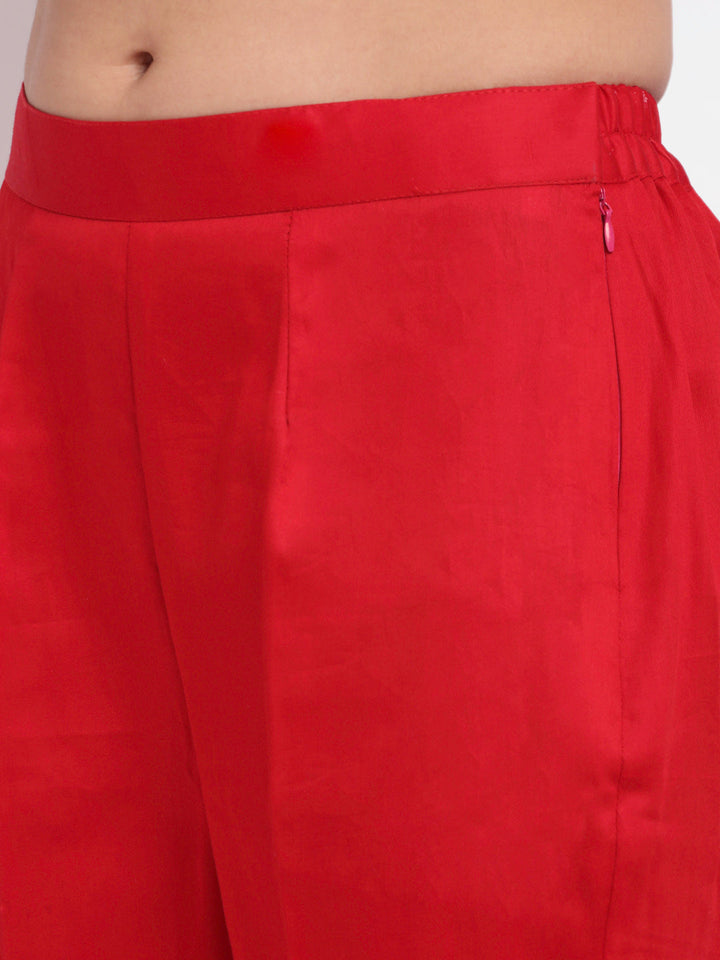 anokherang Combos Ruby Red Brocade Straight Kurti with Straight Pants and Sequin Stone Net Dupatta