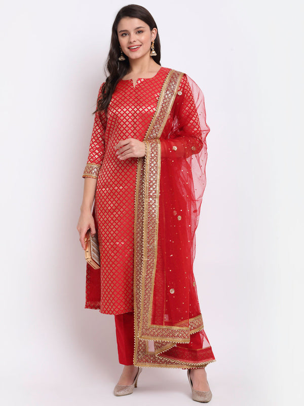 anokherang Combos Ruby Red Brocade Straight Kurti with Straight Pants and Sequin Stone Net Dupatta