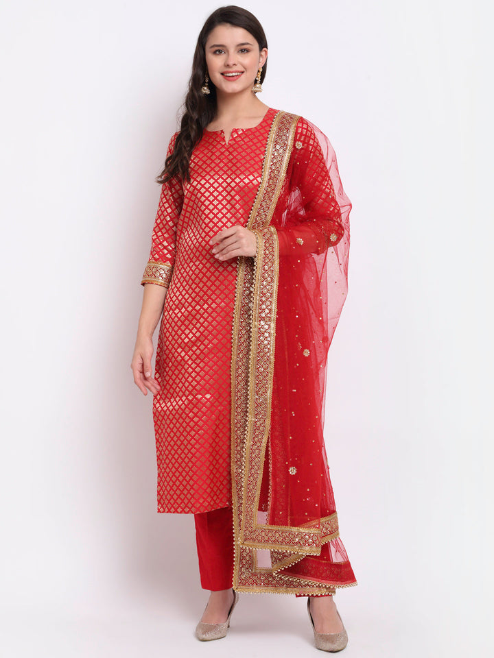 anokherang Combos Ruby Red Brocade Straight Kurti with Straight Pants and Sequin Stone Net Dupatta