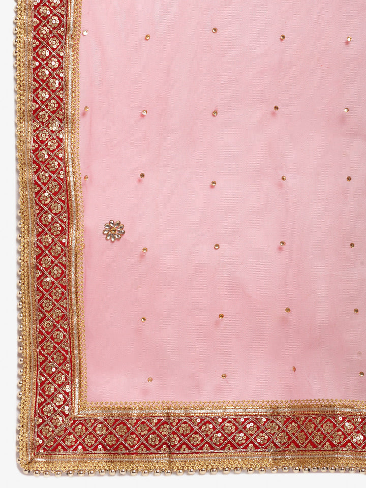 anokherang Combos Ruby Red Brocade Straight Kurti with Straight Pants and Sequin Stone Net Dupatta