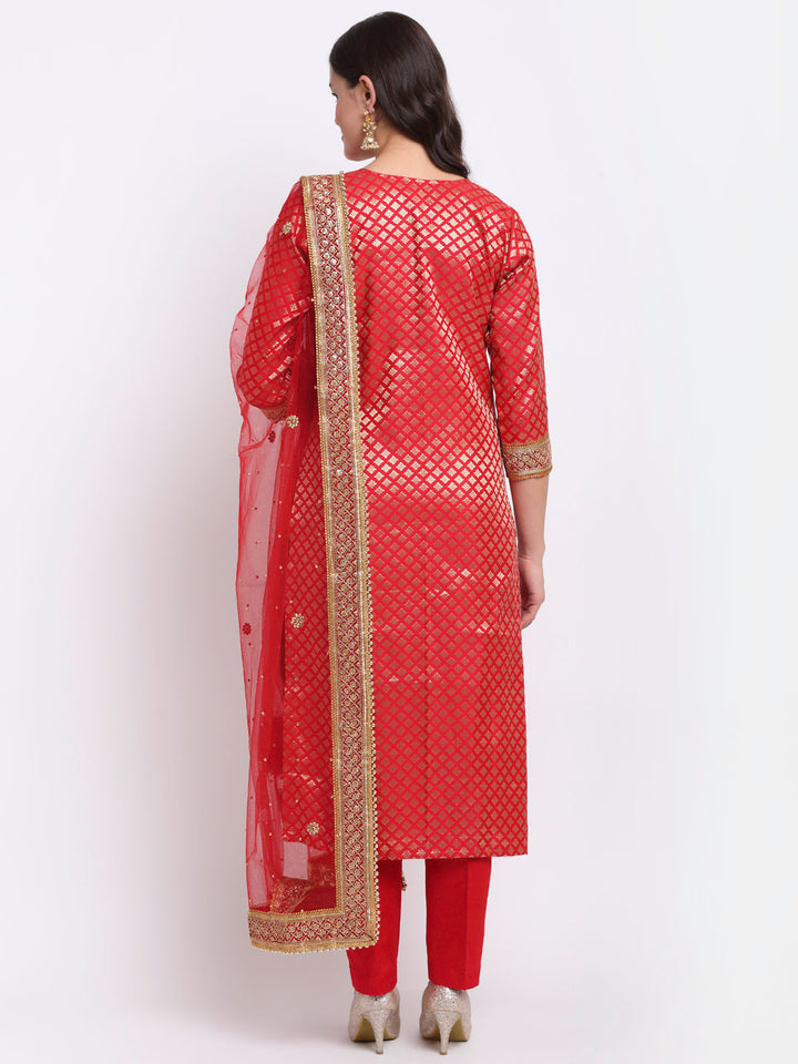 anokherang Combos Ruby Red Brocade Straight Kurti with Straight Pants and Sequin Stone Net Dupatta