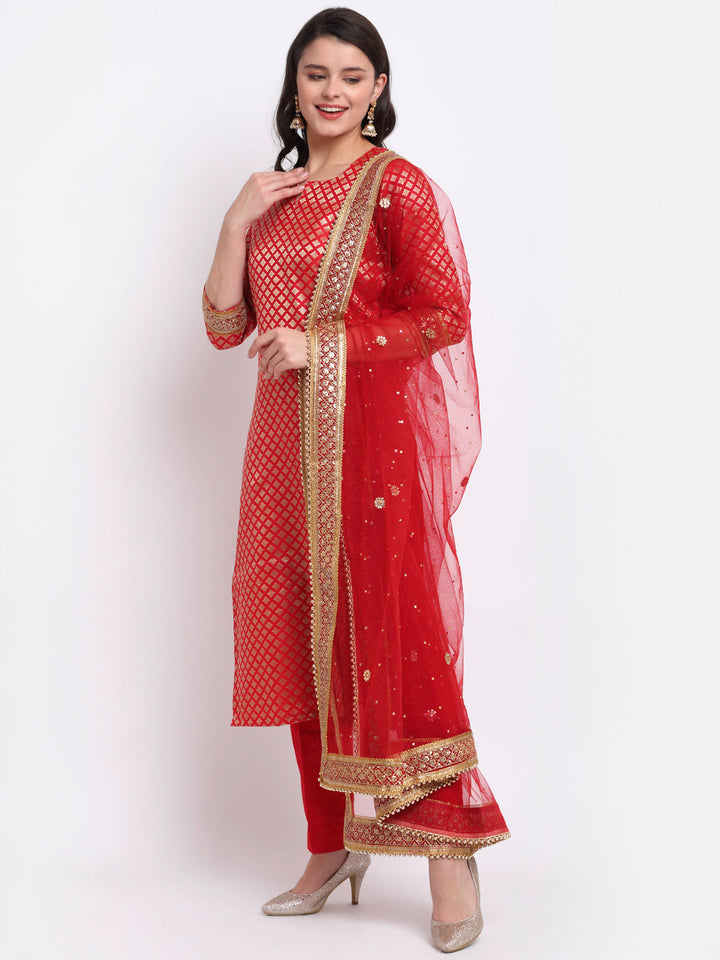 anokherang Combos Ruby Red Brocade Straight Kurti with Straight Pants and Sequin Stone Net Dupatta