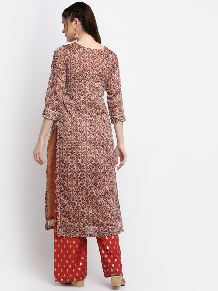 anokherang Combos Rust And Beige Floral Printed Straight Kurti With Palazzo