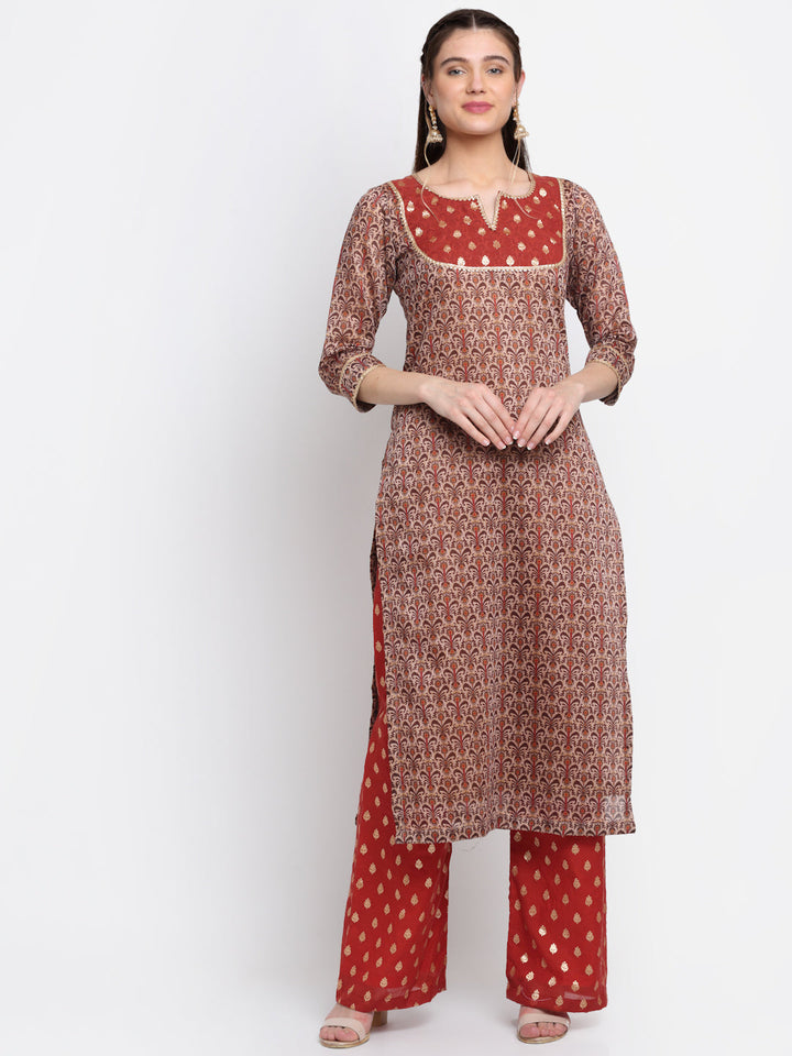 anokherang Combos Rust And Beige Floral Printed Straight Kurti With Palazzo