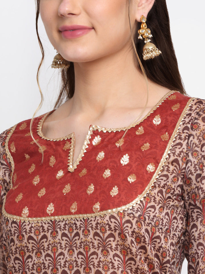 anokherang Combos Rust And Beige Floral Printed Straight Kurti With Palazzo