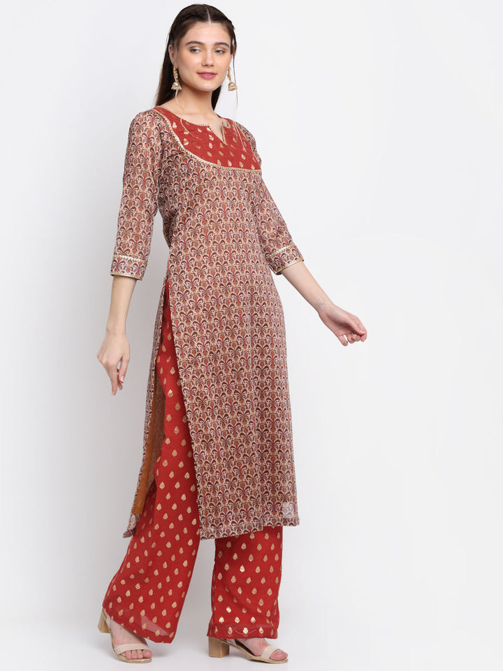 anokherang Combos Rust And Beige Floral Printed Straight Kurti With Palazzo