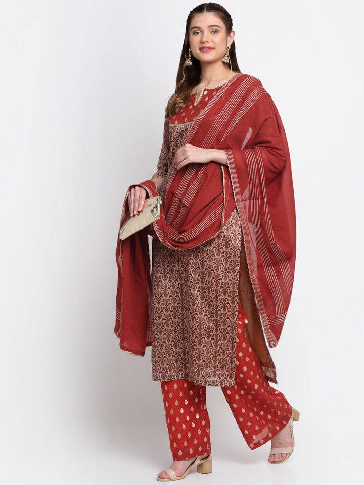 anokherang Combos Rust And Beige Floral Printed Straight Kurti With Palazzo And Dupatta