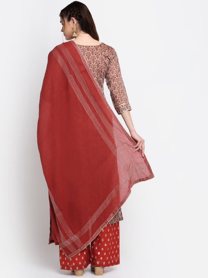 anokherang Combos Rust And Beige Floral Printed Straight Kurti With Palazzo And Dupatta