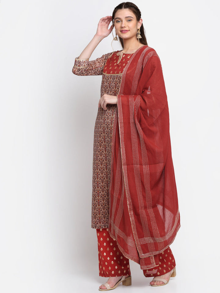 anokherang Combos Rust And Beige Floral Printed Straight Kurti With Palazzo And Dupatta