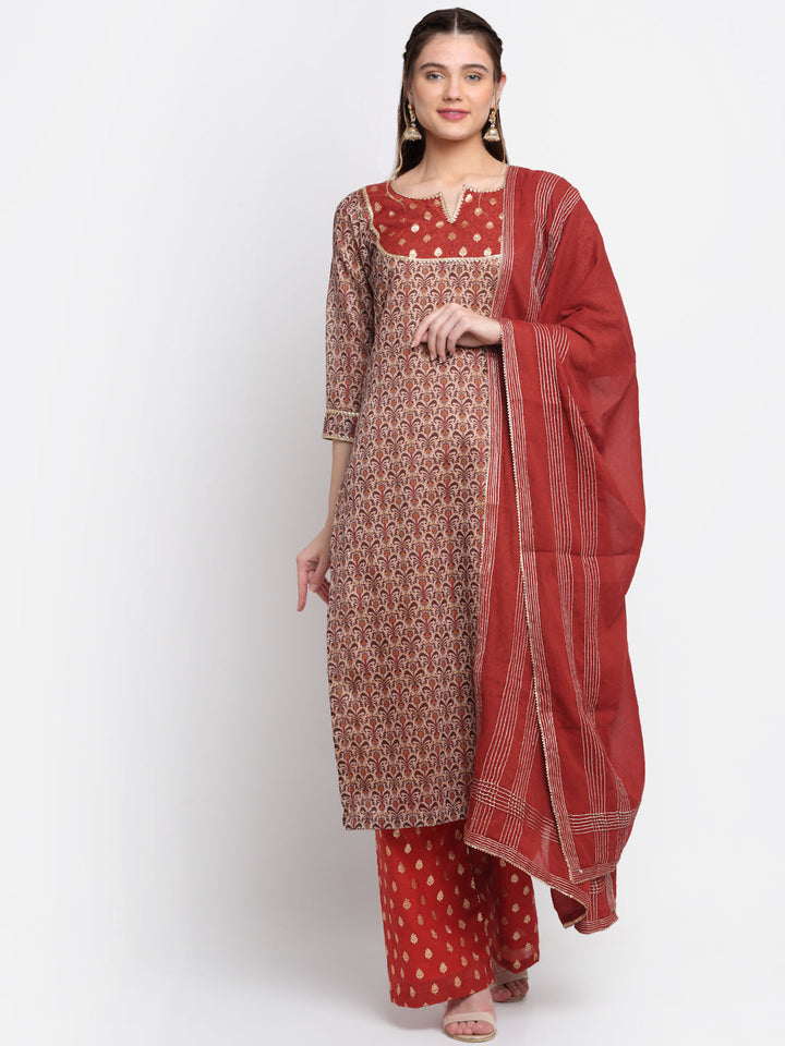 anokherang Combos Rust And Beige Floral Printed Straight Kurti With Palazzo And Dupatta