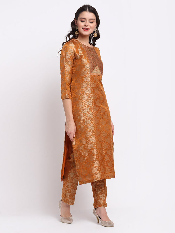 anokherang Combos Rust Brocade Banarsi Straight Kurti with Brocade Pants