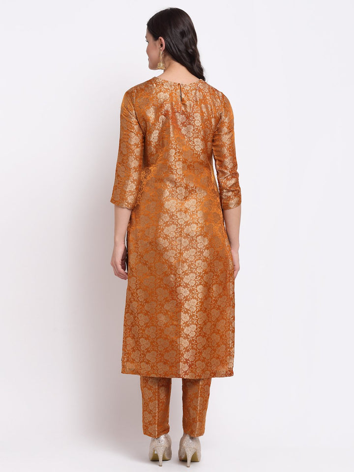 anokherang Combos Rust Brocade Banarsi Straight Kurti with Brocade Pants