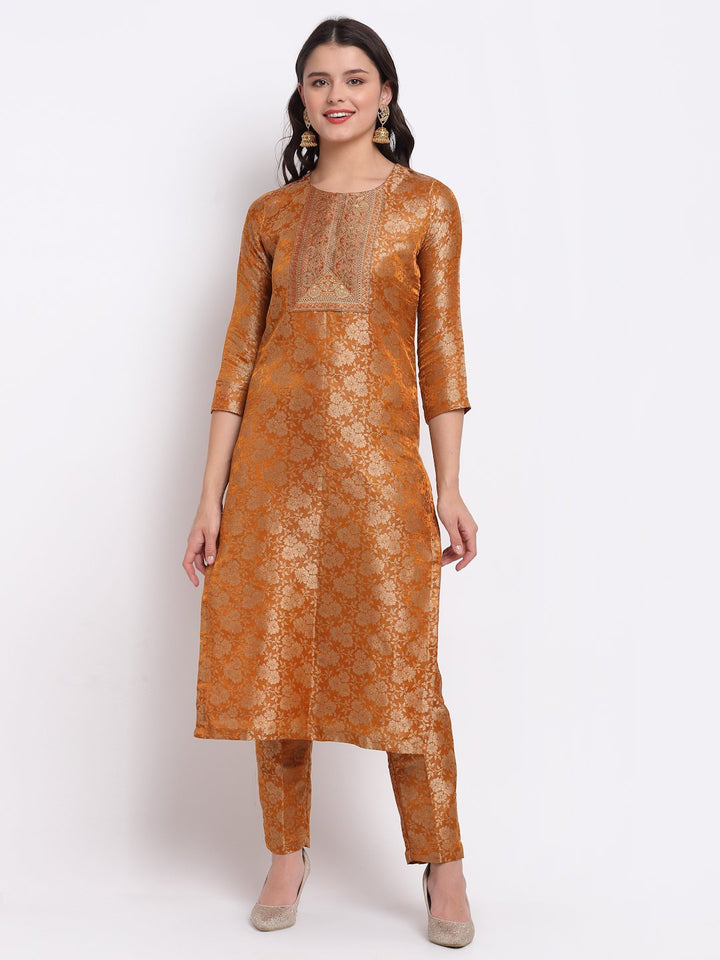 anokherang Combos Rust Brocade Banarsi Straight Kurti with Brocade Pants