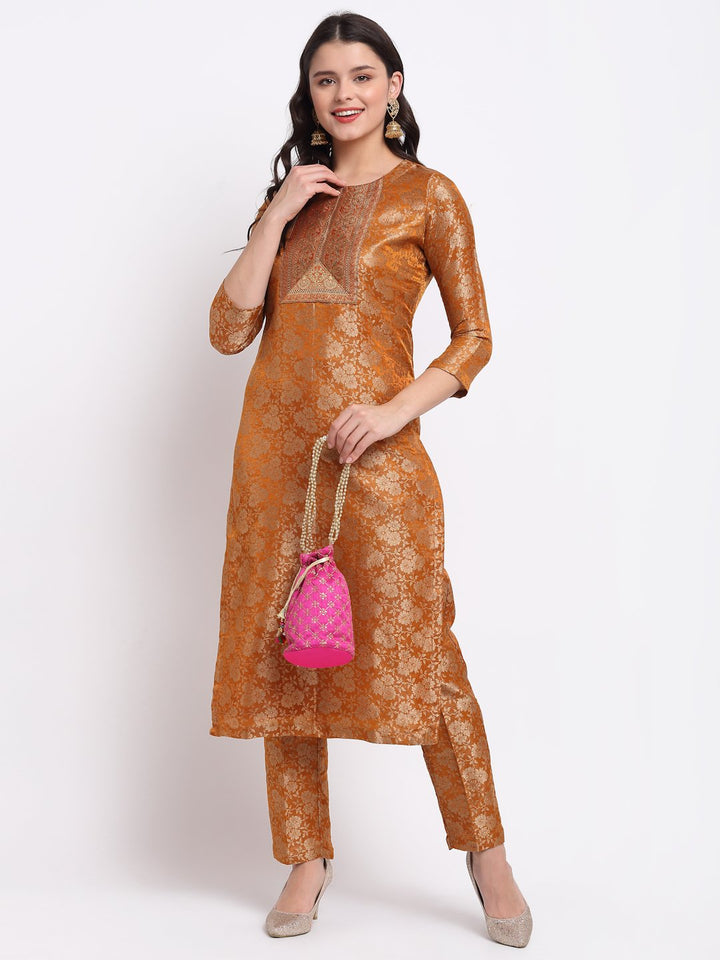 anokherang Combos Rust Brocade Banarsi Straight Kurti with Brocade Pants