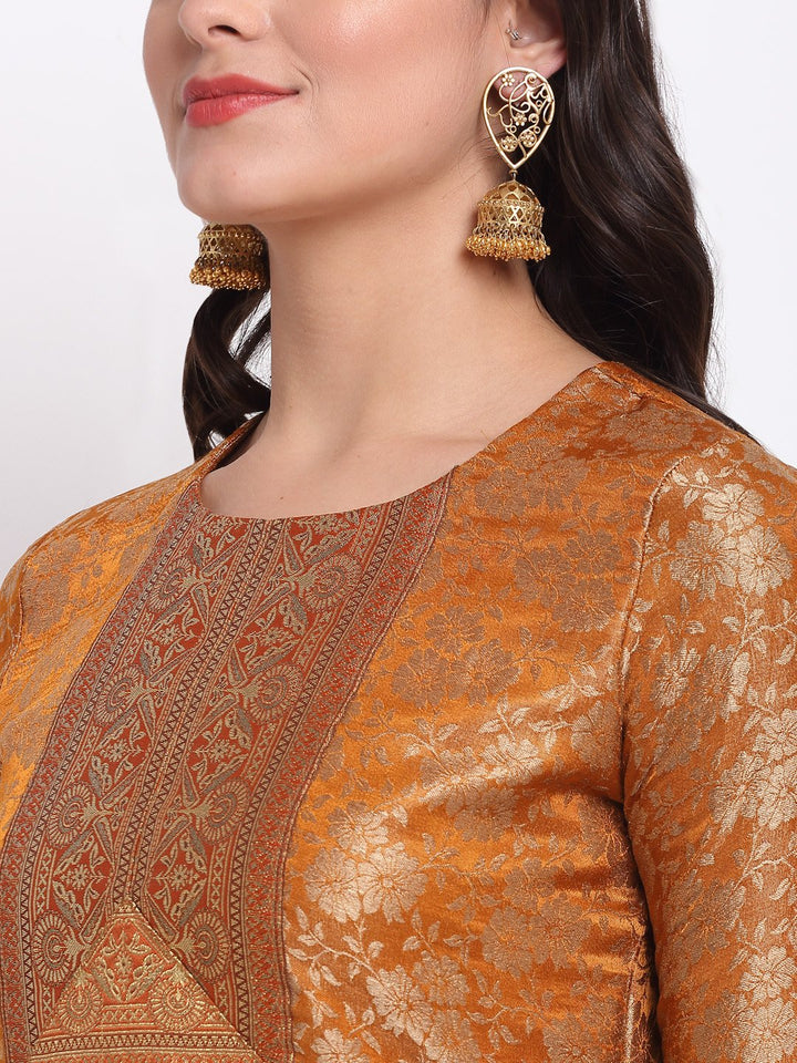 anokherang Combos Rust Brocade Banarsi Straight Kurti with Brocade Pants and Stone Dupatta