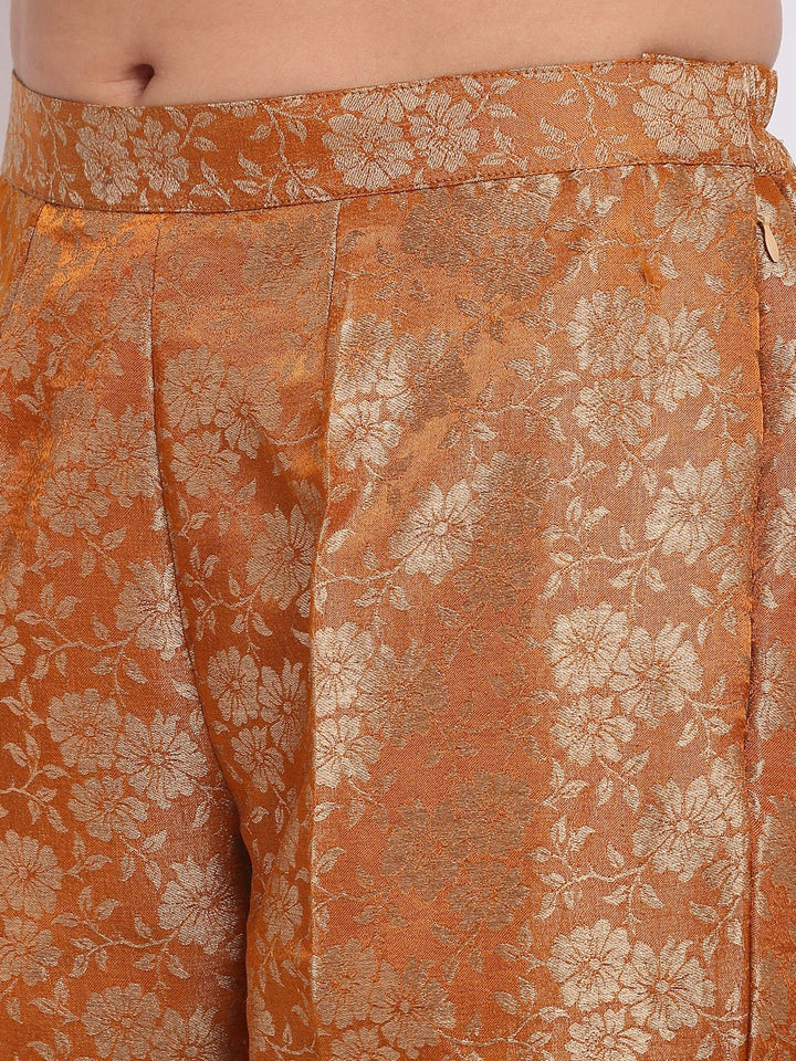 anokherang Combos Rust Brocade Banarsi Straight Kurti with Brocade Pants and Stone Dupatta