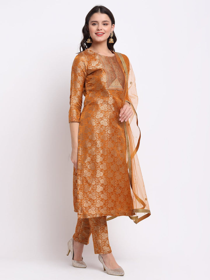 anokherang Combos Rust Brocade Banarsi Straight Kurti with Brocade Pants and Stone Dupatta
