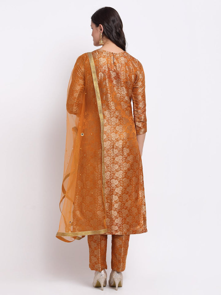 anokherang Combos Rust Brocade Banarsi Straight Kurti with Brocade Pants and Stone Dupatta