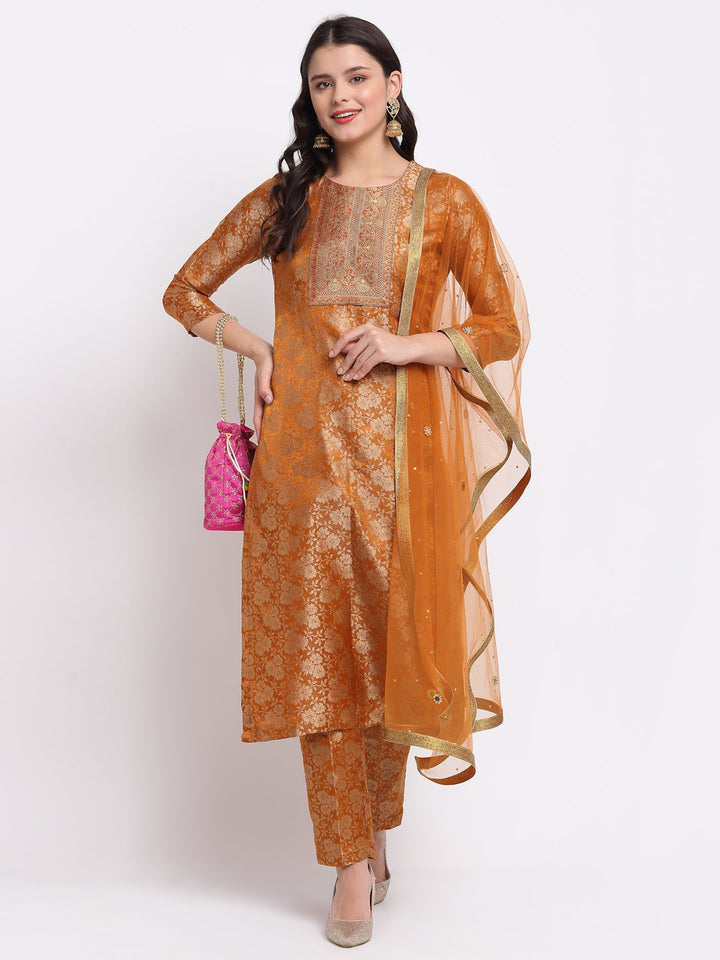 anokherang Combos Rust Brocade Banarsi Straight Kurti with Brocade Pants and Stone Dupatta