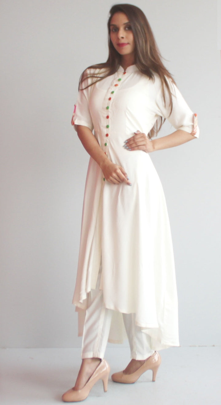 anokherang Combos S Free Spirit Uneven Off White Kurti with Pants