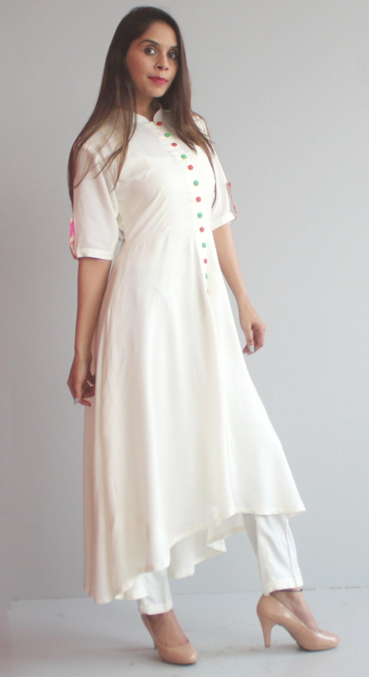 anokherang Combos S Free Spirit Uneven Off White Kurti with Pants