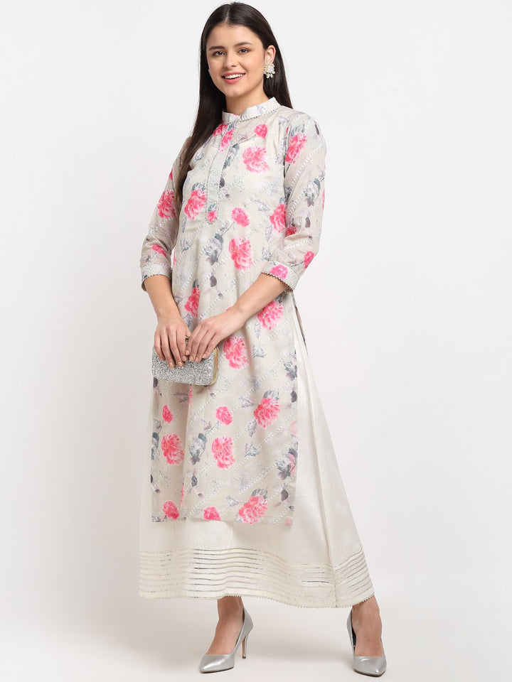 anokherang Combos Sage Green Floral Sequin Embroidered Layered FloorLength Kurti