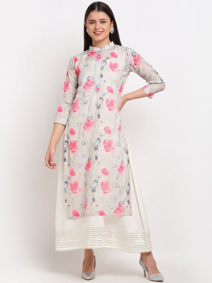 anokherang Combos Sage Green Floral Sequin Embroidered Layered FloorLength Kurti