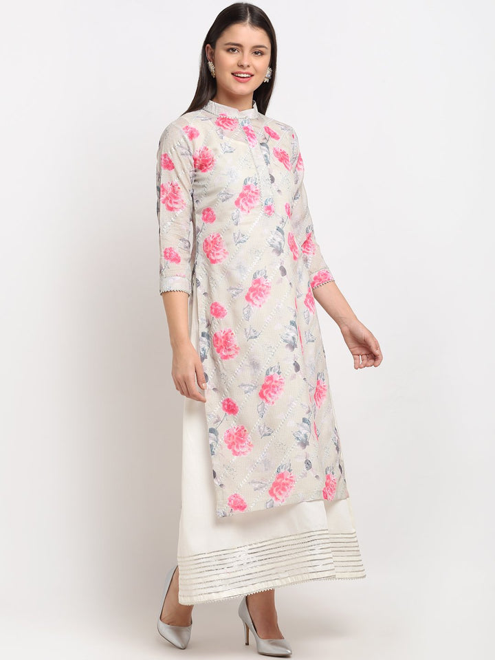 anokherang Combos Sage Green Floral Sequin Embroidered Layered FloorLength Kurti