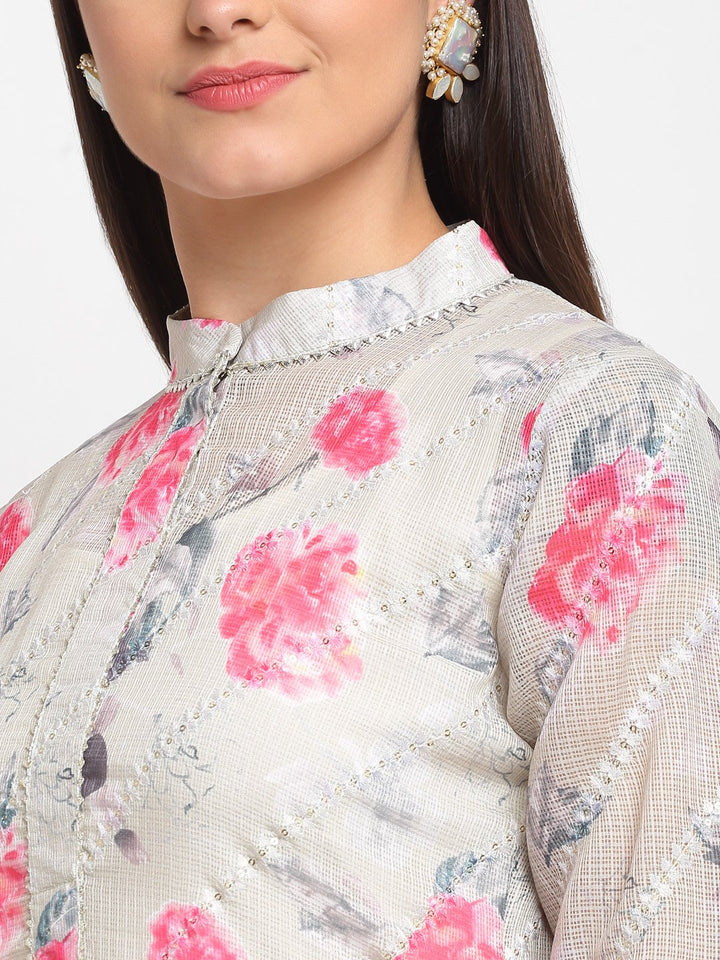 anokherang Combos Sage Green Floral Sequin Embroidered Layered FloorLength Kurti