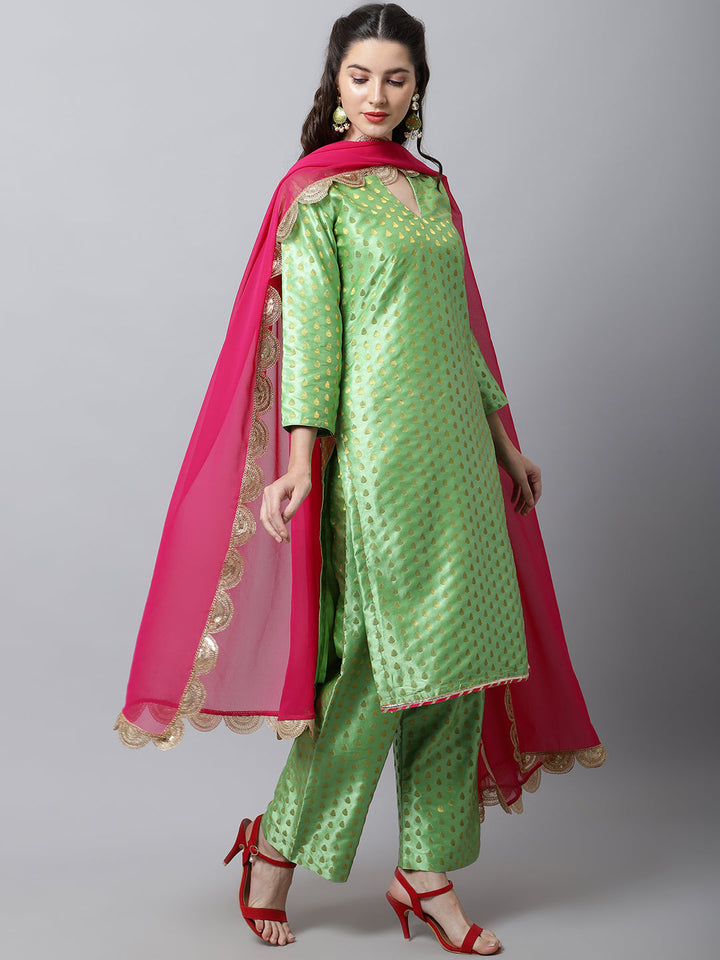 anokherang Combos Sahiba Green Brocade Kurti With Straight Palazzo And Magenta Georgette Dupatta Couple Matching Dress