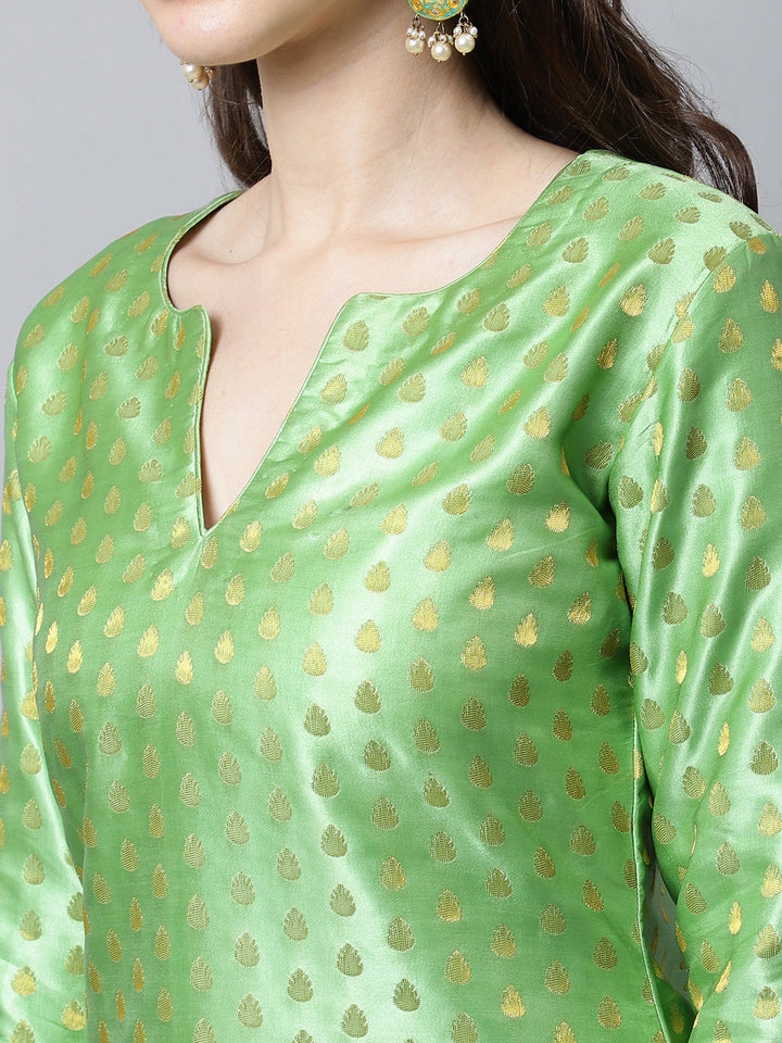 anokherang Combos Sahiba Green Brocade Kurti With Straight Palazzo And Magenta Georgette Dupatta Couple Matching Dress