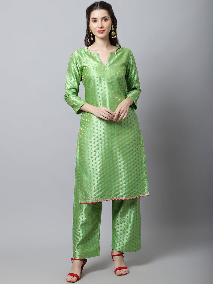 anokherang Combos Sahiba Green Brocade Straight Kurti With Straight Palazzo Couple Matching Dress