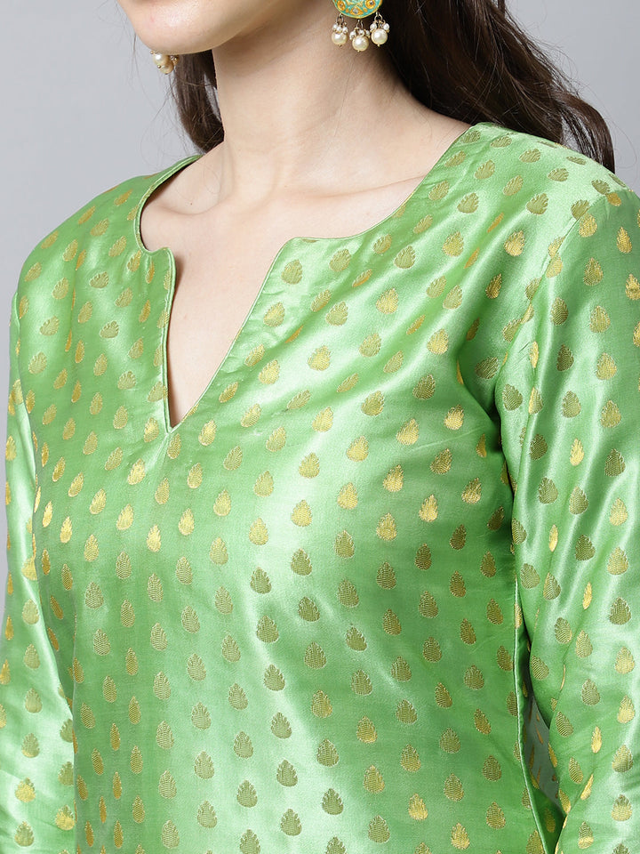 anokherang Combos Sahiba Green Brocade Straight Kurti With Straight Palazzo Couple Matching Dress