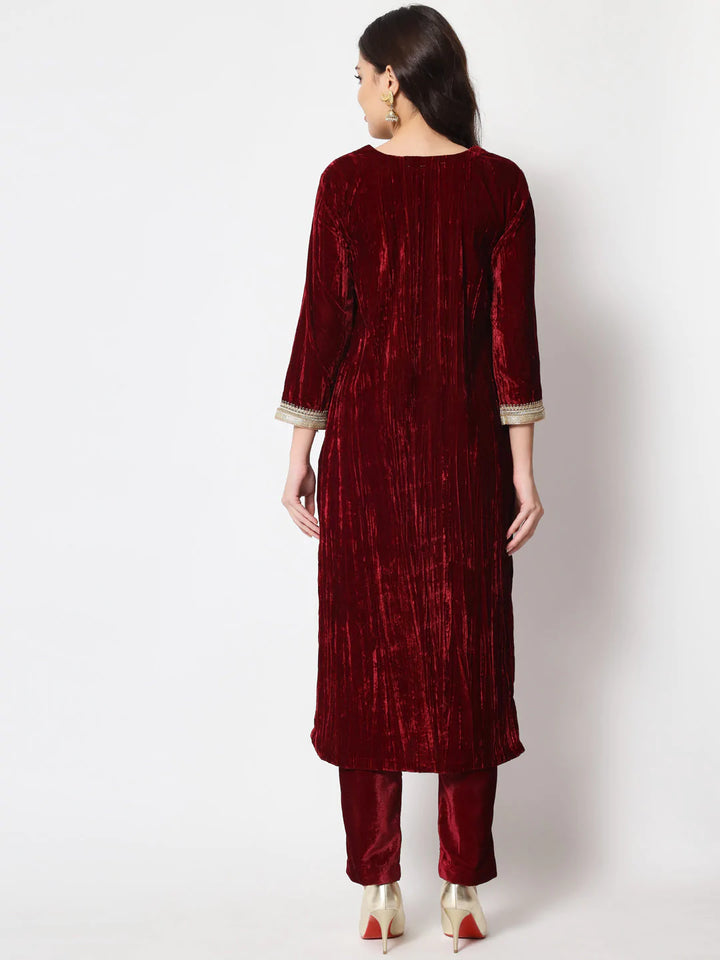 anokherang Combos Sangria Maroon Velvet Straight Kurti with Pants