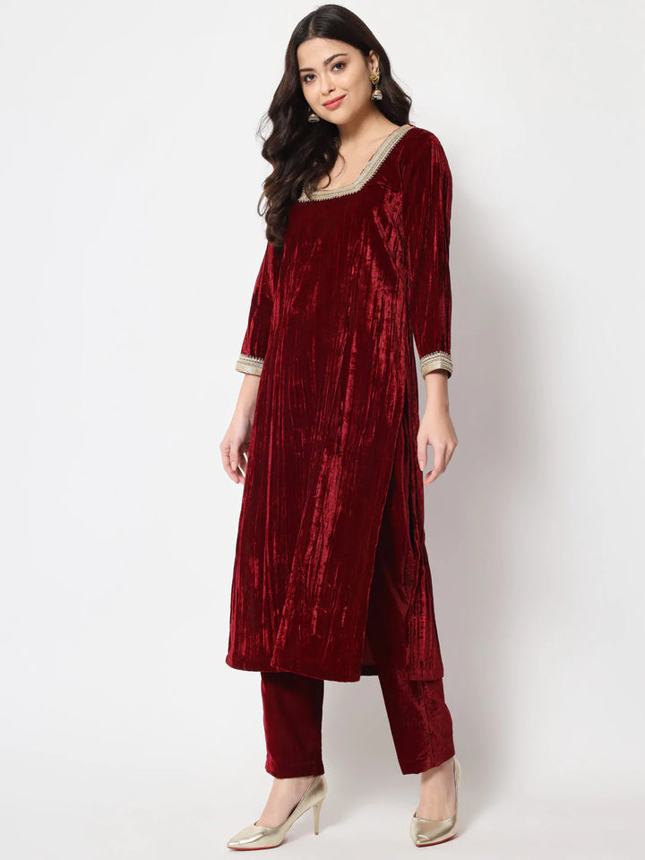 anokherang Combos Sangria Maroon Velvet Straight Kurti with Pants