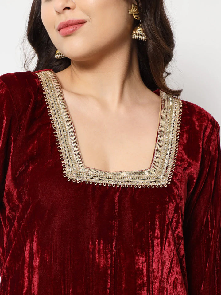 anokherang Combos Sangria Maroon Velvet Straight Kurti with Pants