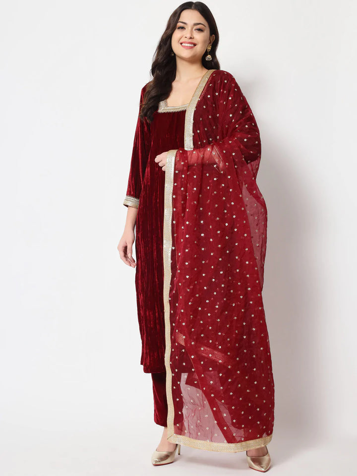 anokherang Combos Sangria Maroon Velvet Straight Kurti with Pants and Dupatta